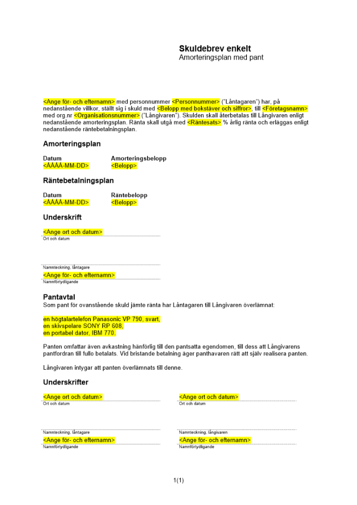 Enkelt skuldebrev amorteringsplan pant