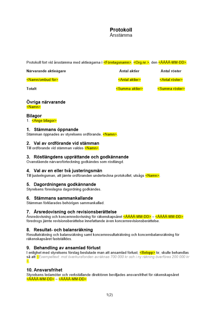 Protokoll årsstämma ansamlad förlust MB
