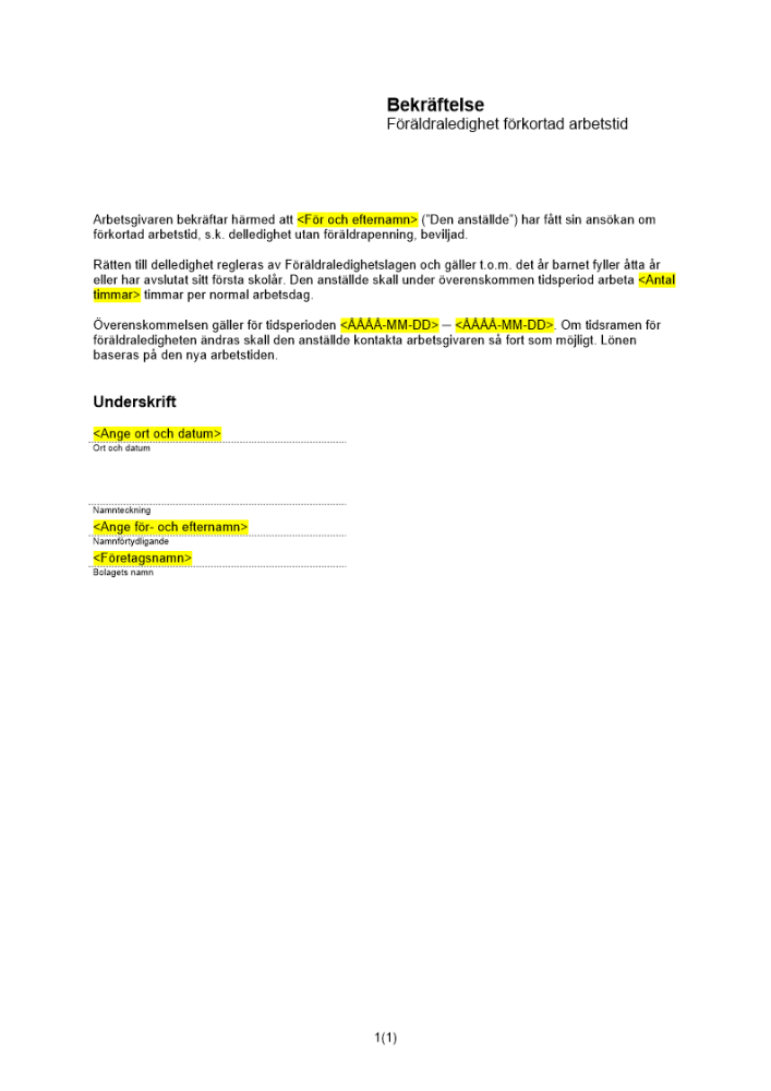 Bekräftelse av föräldraledighet (Förkortad arbetstid)
