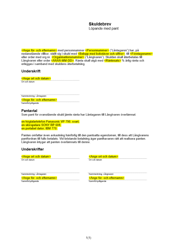 Löpande skuldebrev pant