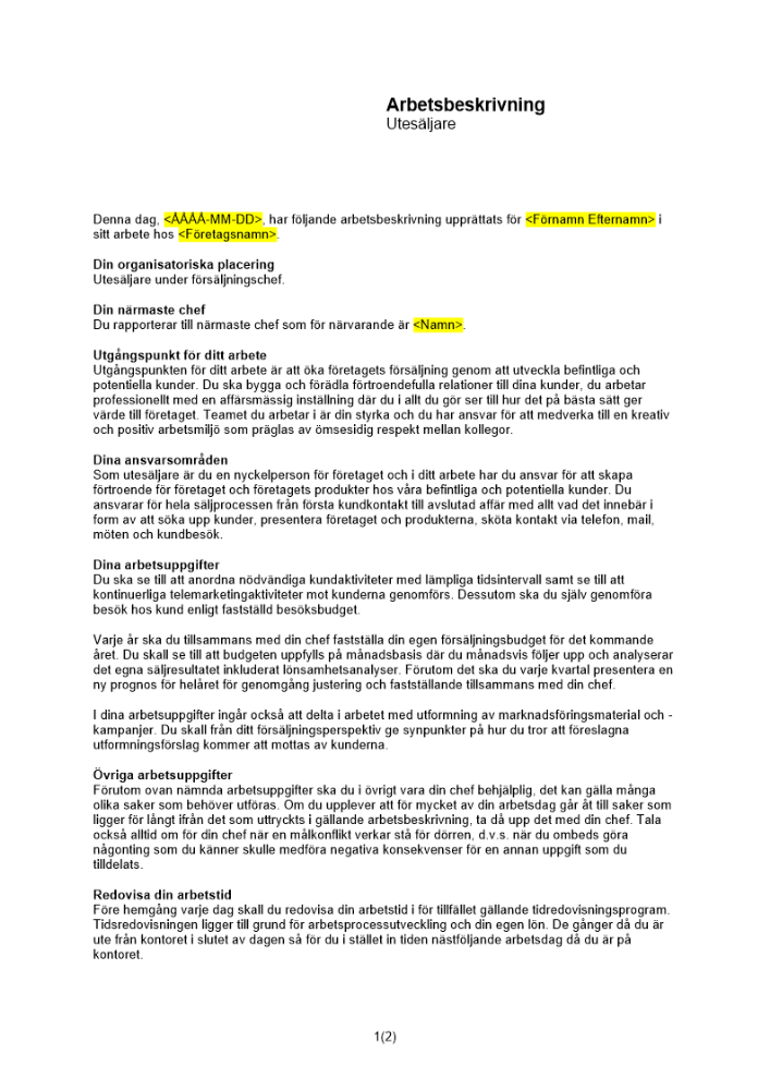 Arbetsbeskrivning utesäljare