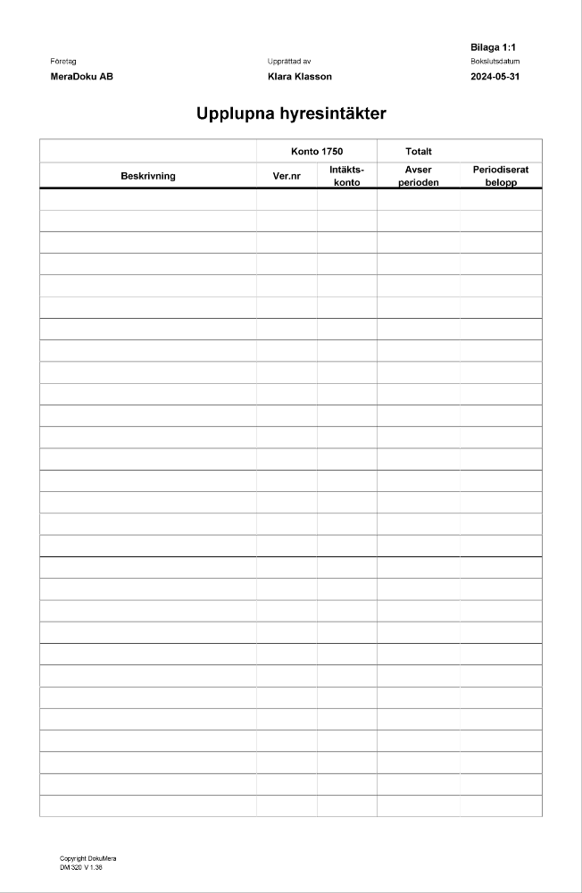 1750 Upplupna hyresintäkter