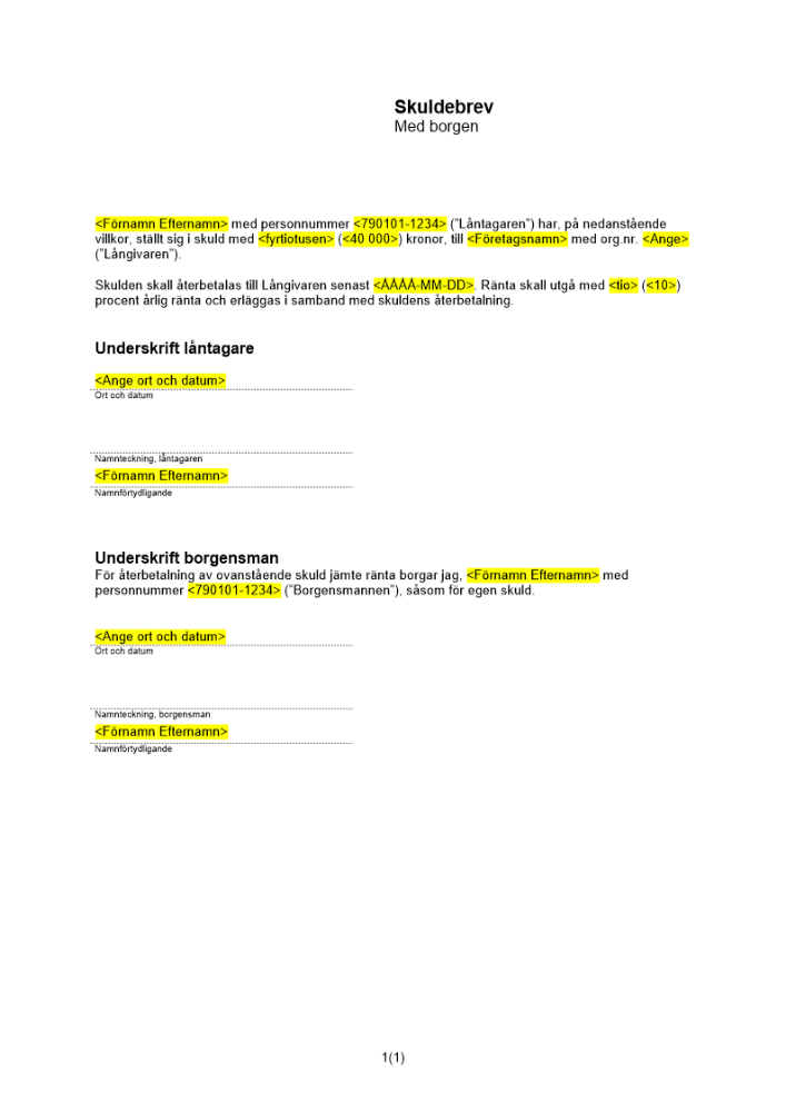 Enkelt skuldebrev borgen