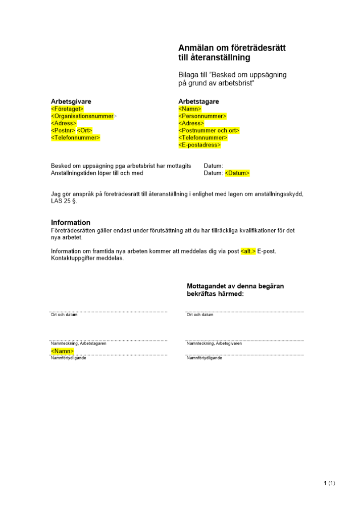 Anmälan om företrädesrätt till återanställning