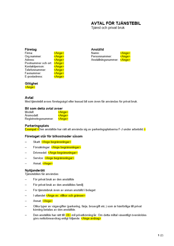Avtal för tjänstebil - Tjänst och privat bruk