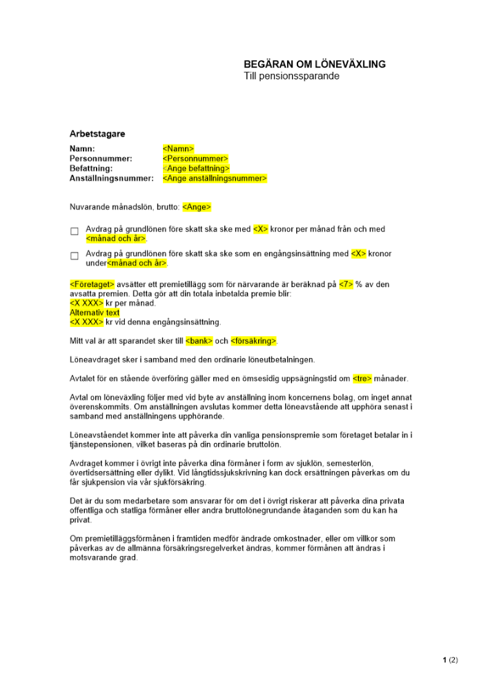 Begäran om löneväxling - Till pensionssparande