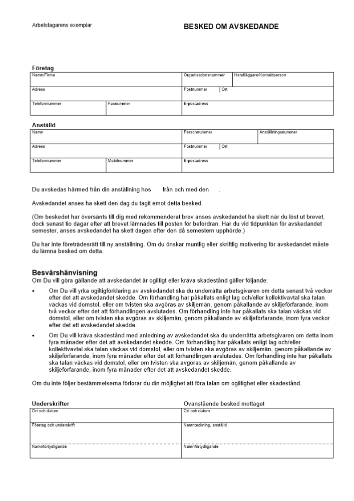 Besked om avskedande