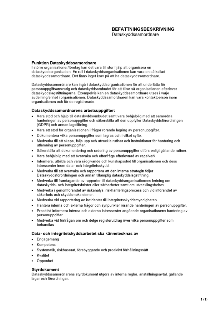Befattningsbeskrivning - Dataskyddssamordnare