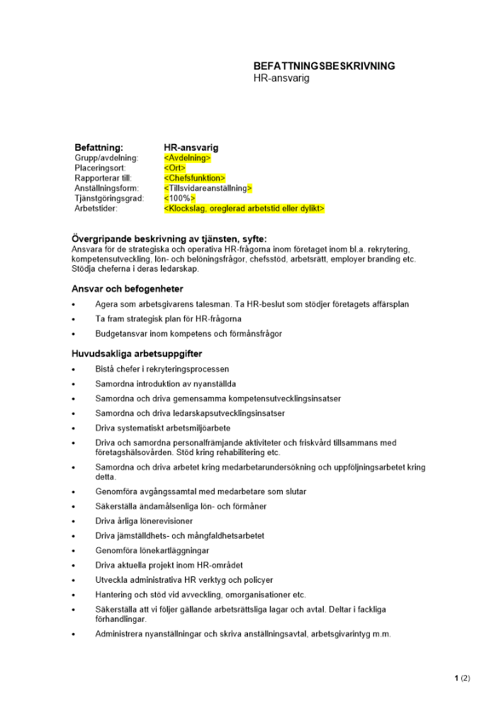 Befattningsbeskrivning - HR-ansvarig