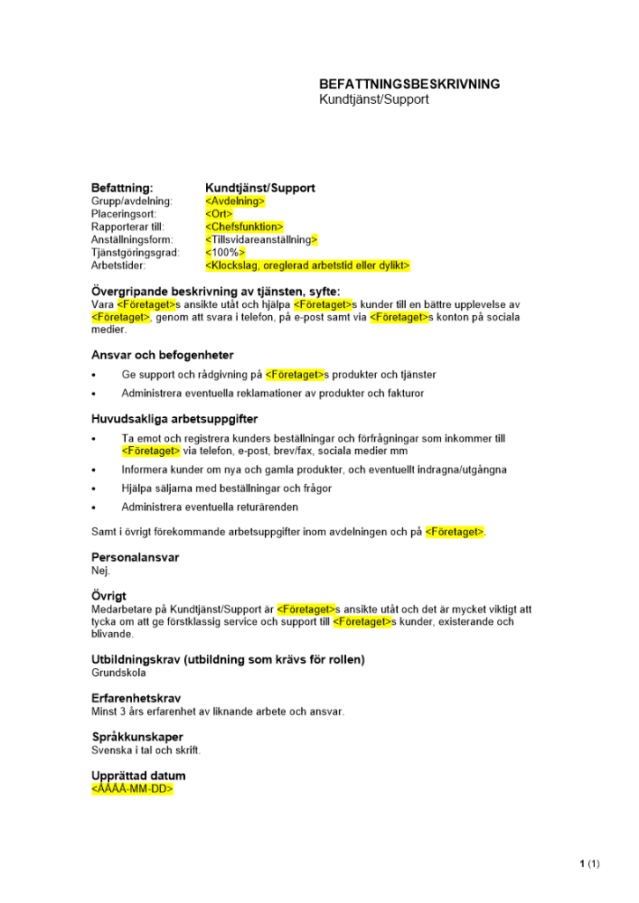 Befattningsbeskrivning - Kundtjänst-Support