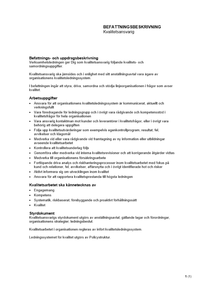 Befattningsbeskrivning - Kvalitetsansvarig
