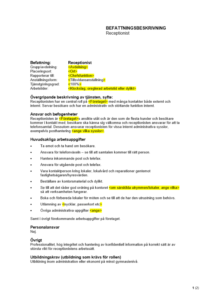 Befattningsbeskrivning - Receptionist