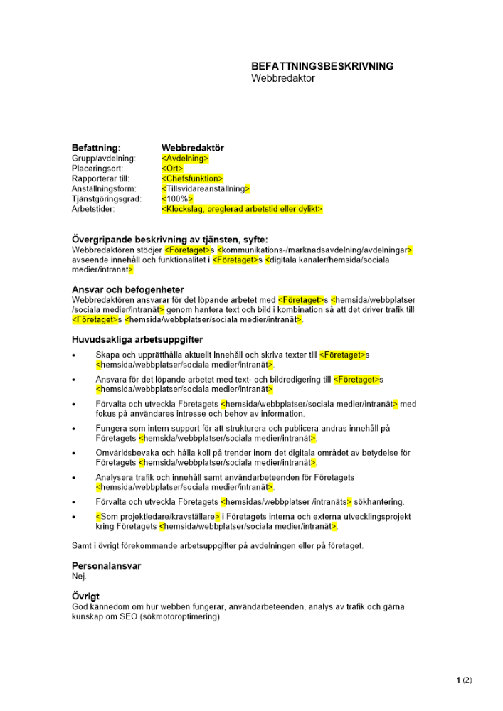 Befattningsbeskrivning - Webbredaktör