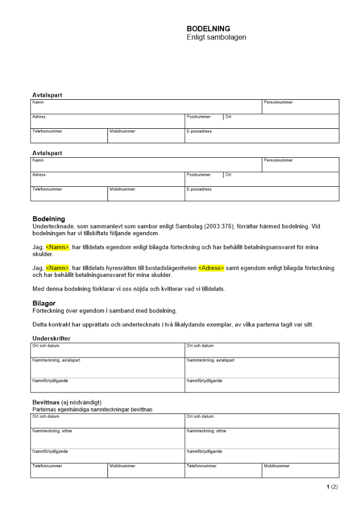 Bodelning - Enligt sambolagen