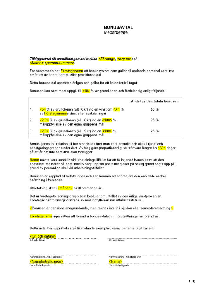 Bonusavtal företagsbonus medarbetare