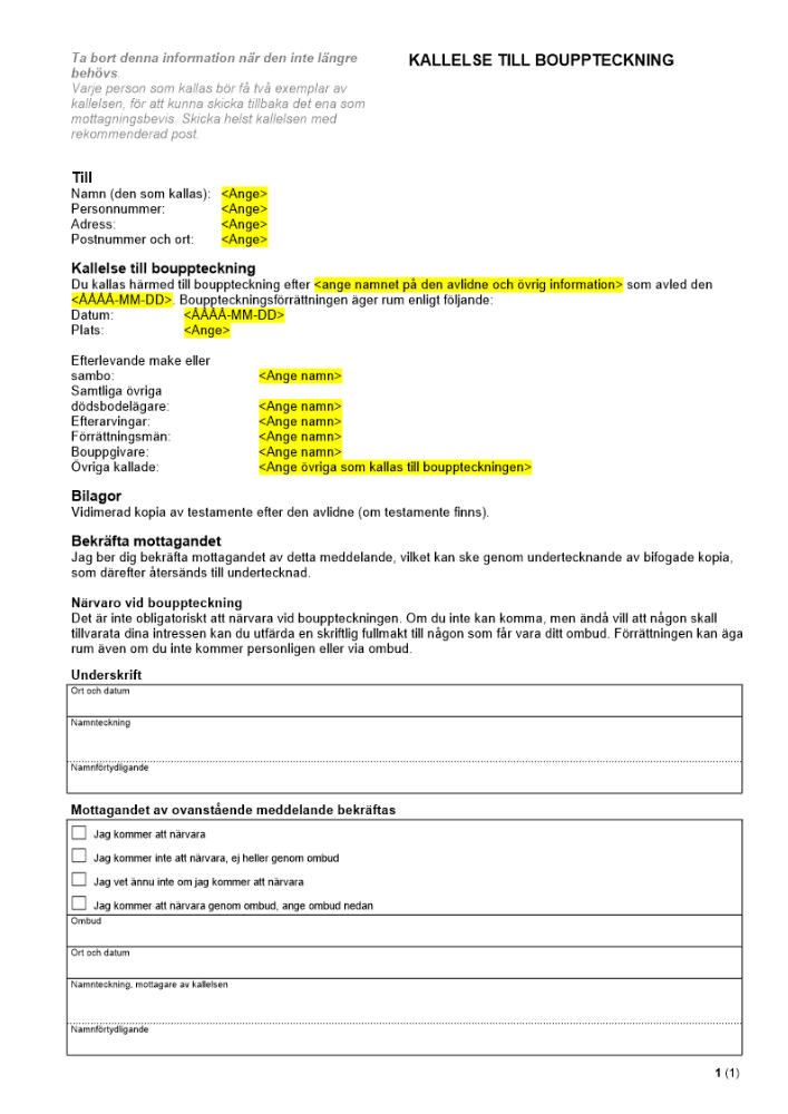 Bouppteckning - Kallelse