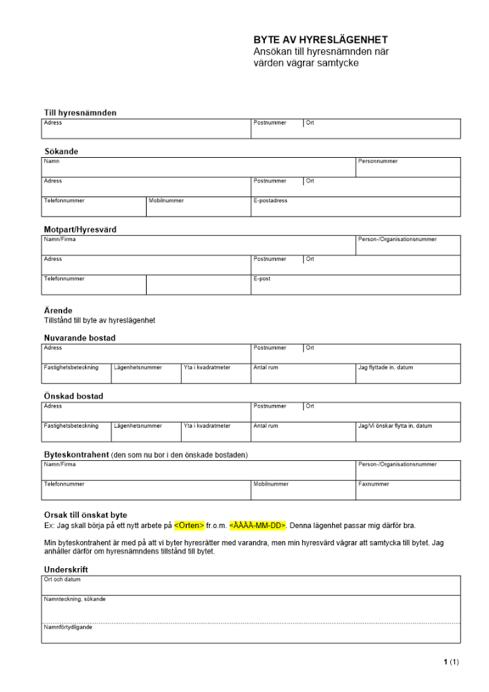 Byte av hyreslägenhet - Ansökan till hyresnämnd