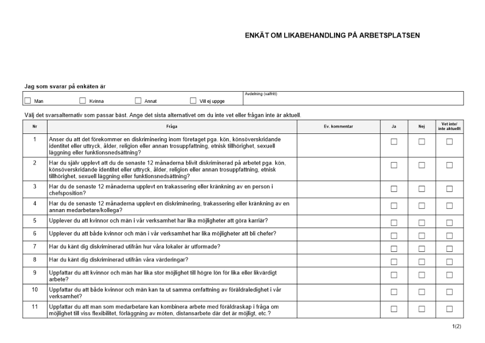 Enkät om likabehandling på arbetsplatsen