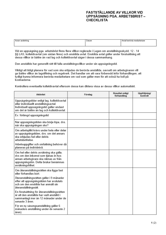Fastställande av villkor vid uppsägning pga. arbetsbrist - Checklista