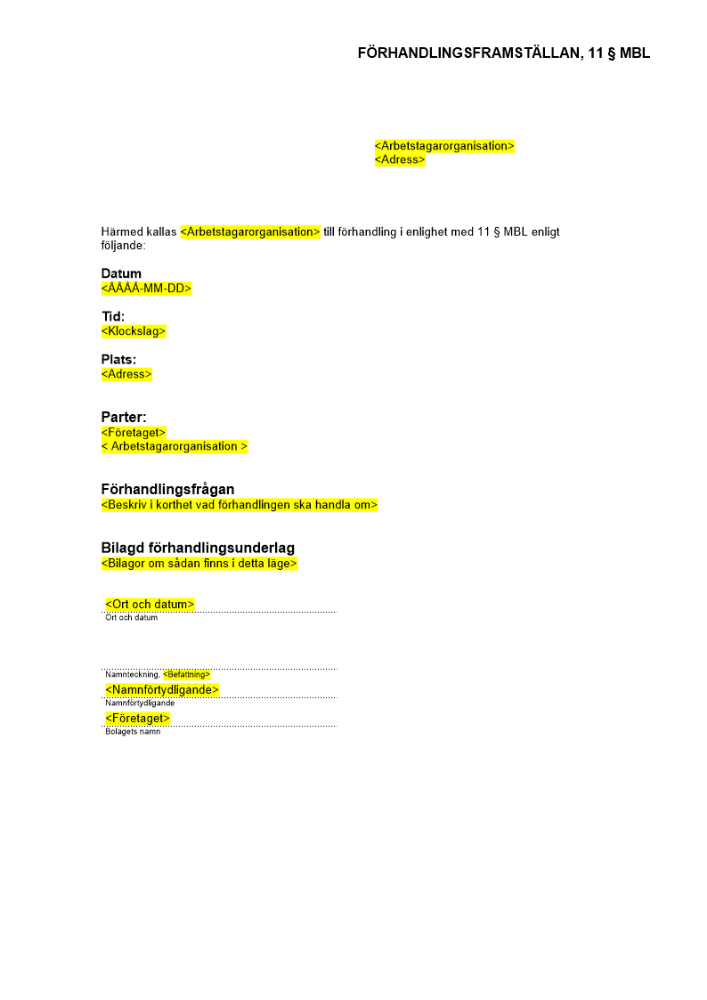 Förhandlingsframställan enligt MBL § 11