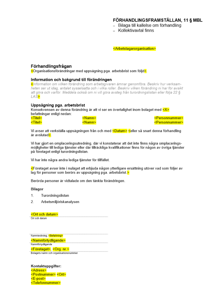 Förhandlingsframställan, information till MBL-förhandling om arbetsbrist (om kollektivavtal)
