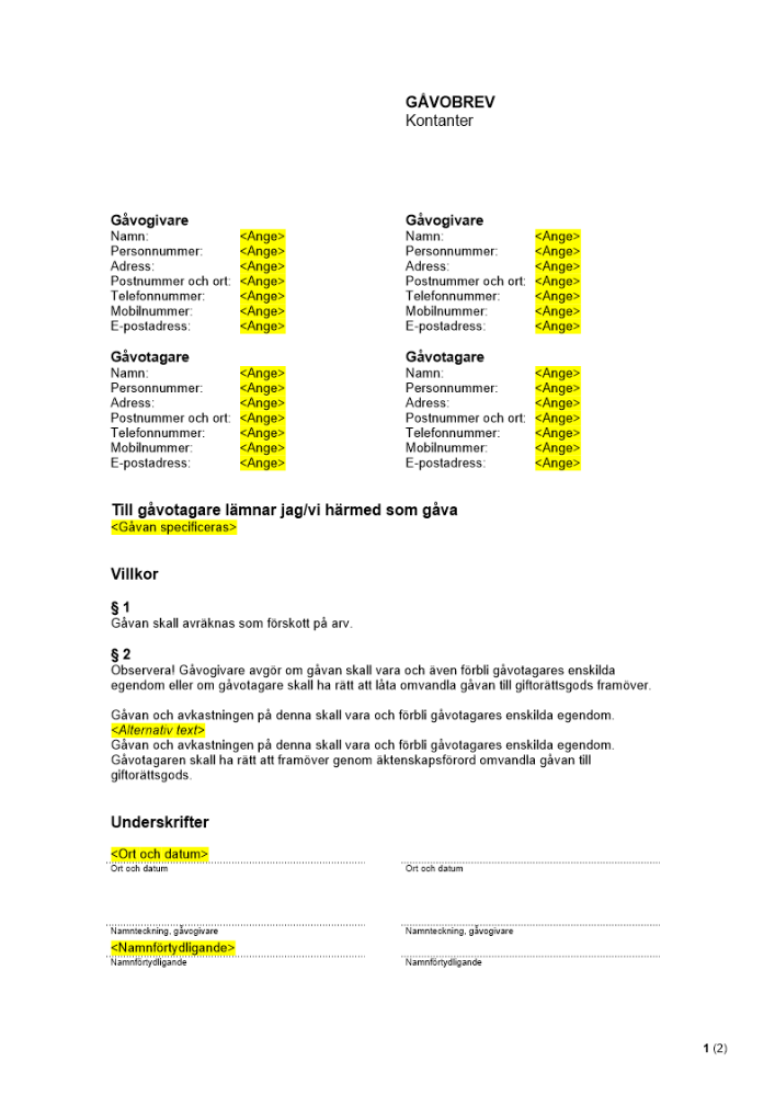 Gåvobrev - Kontanter (mall)