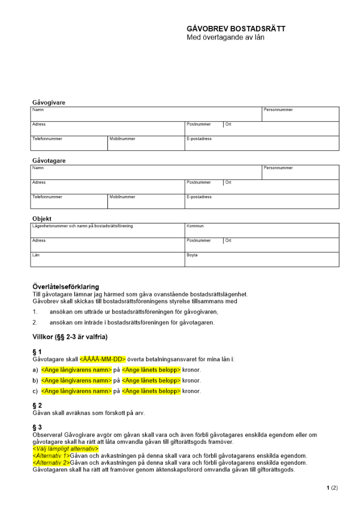 Gåvobrev bostadsrätt - Med övertagande av lån
