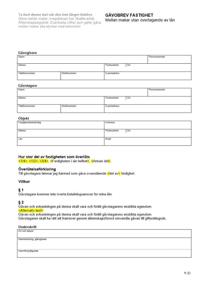 Gåvobrev fastighet - Mellan makar utan övertagande av lån