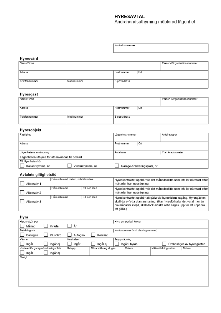 Hyresavtal - Andrahandsuthyrning möblerad lägenhet