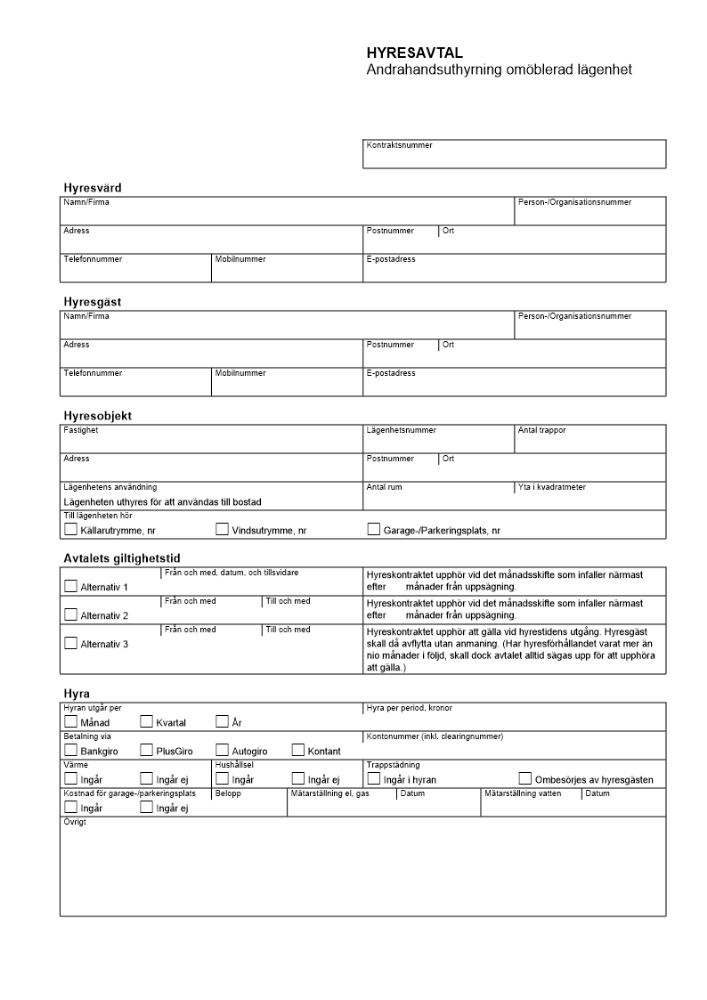 Hyresavtal - Andrahandsuthyrning omöblerad lägenhet
