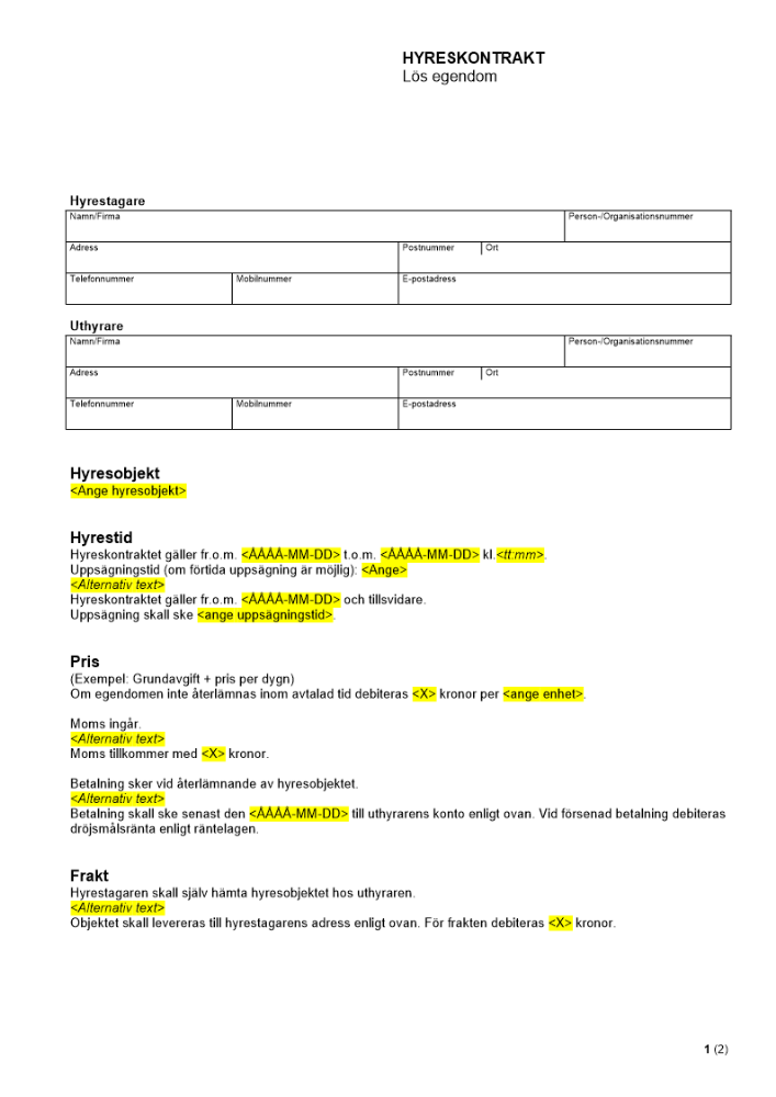 Hyreskontrakt - Lös egendom