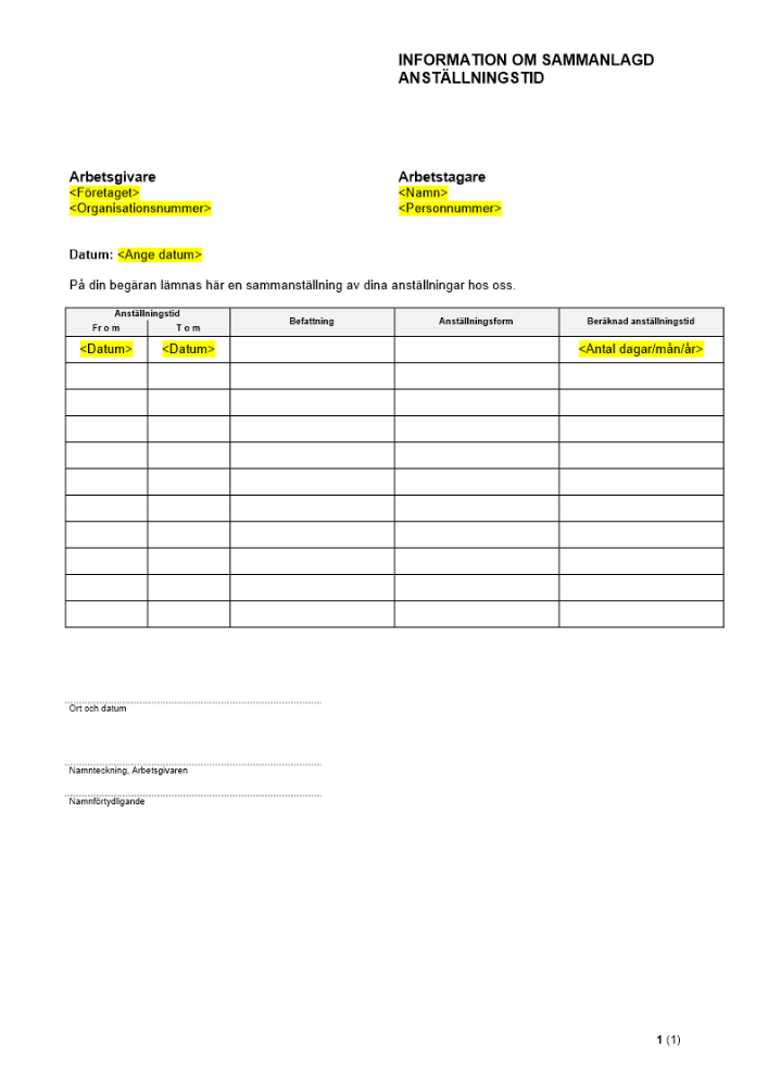 Information om sammanlagd anställningstid