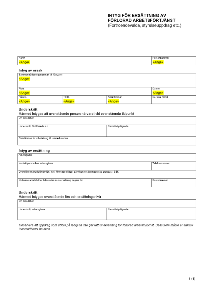 Intyg för ersättning av förlorad arbetsförtjänst