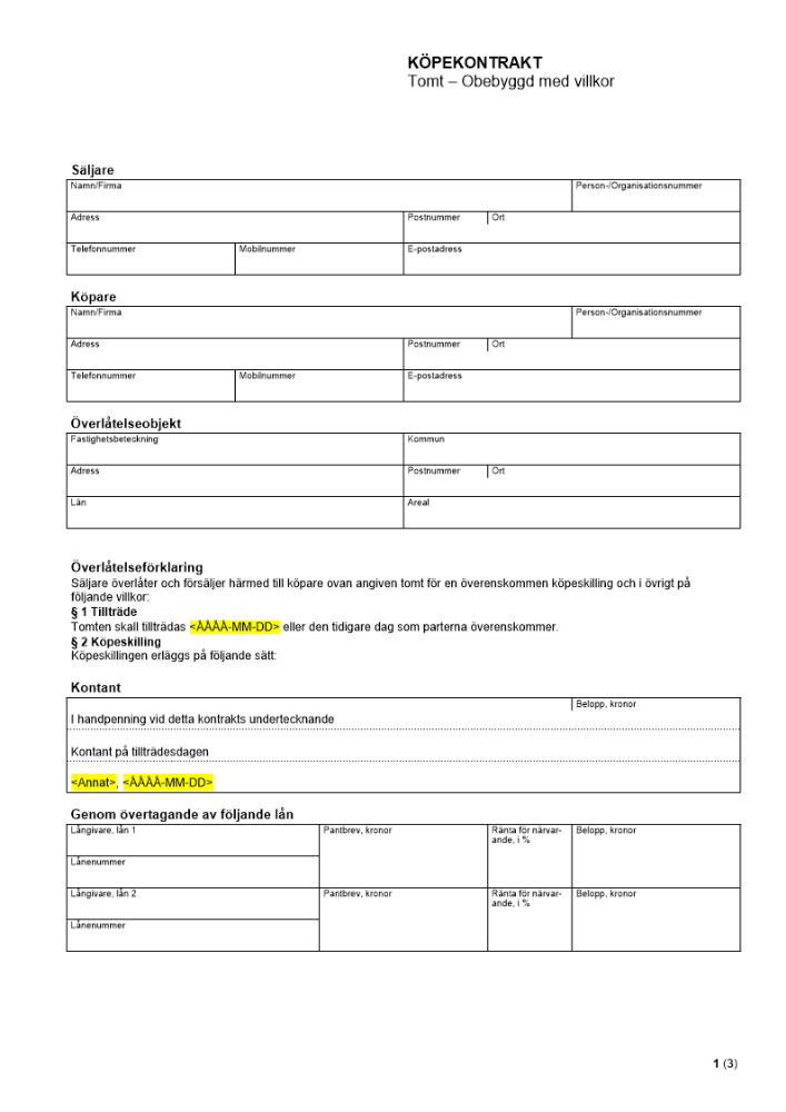 Köpekontrakt - Tomt obebyggd med villkor