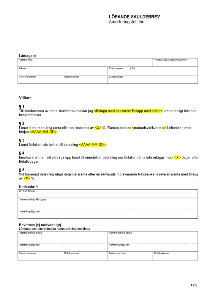Löpande skuldebrev - Amorteringsfritt lån