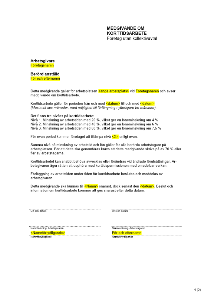 Medgivande om korttidsarbete