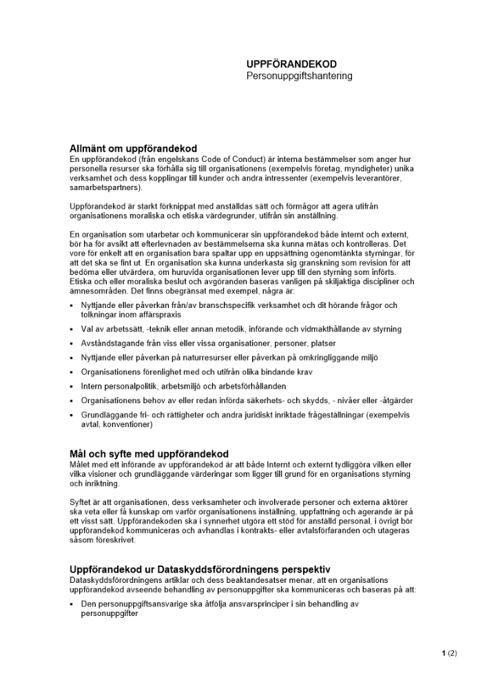 Personuppgiftshantering - Uppförandekod