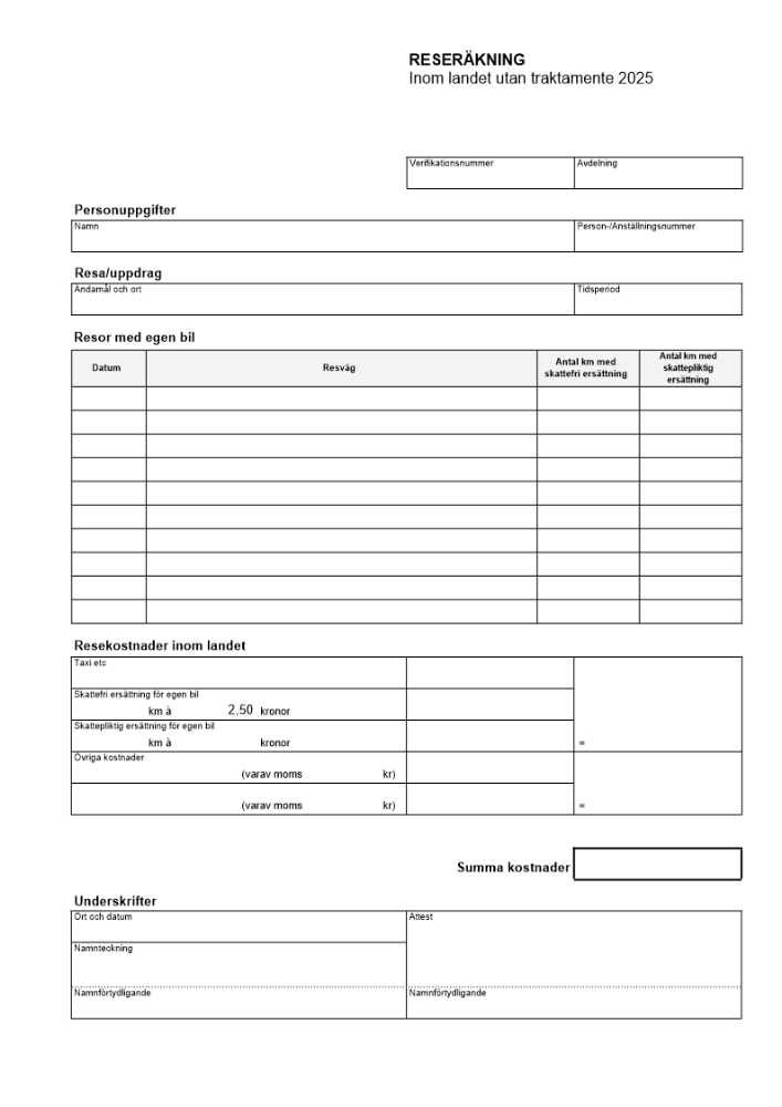 Reseräkning utan traktamente 2025