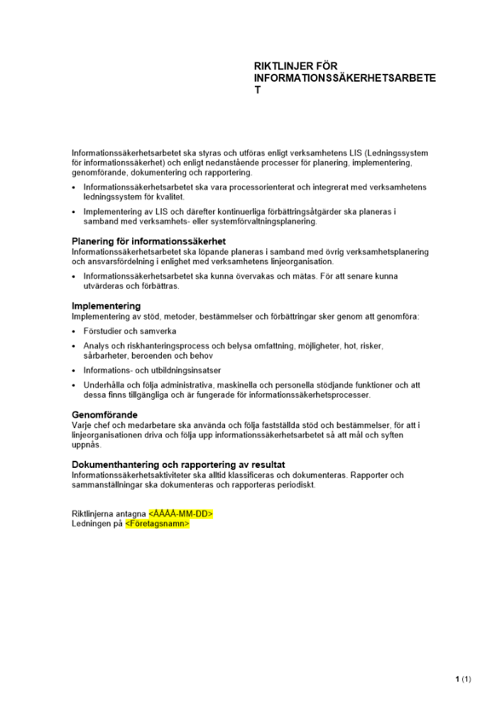 Riktlinjer - Informationssäkerhetsarbetet