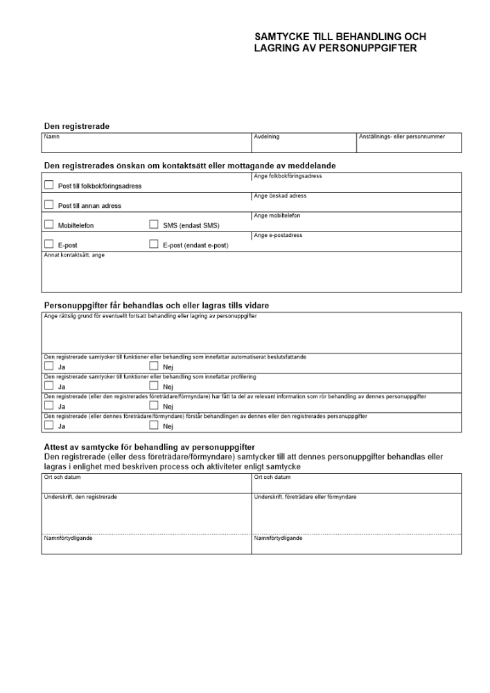 Samtycke till behandling och lagring av personuppgifter