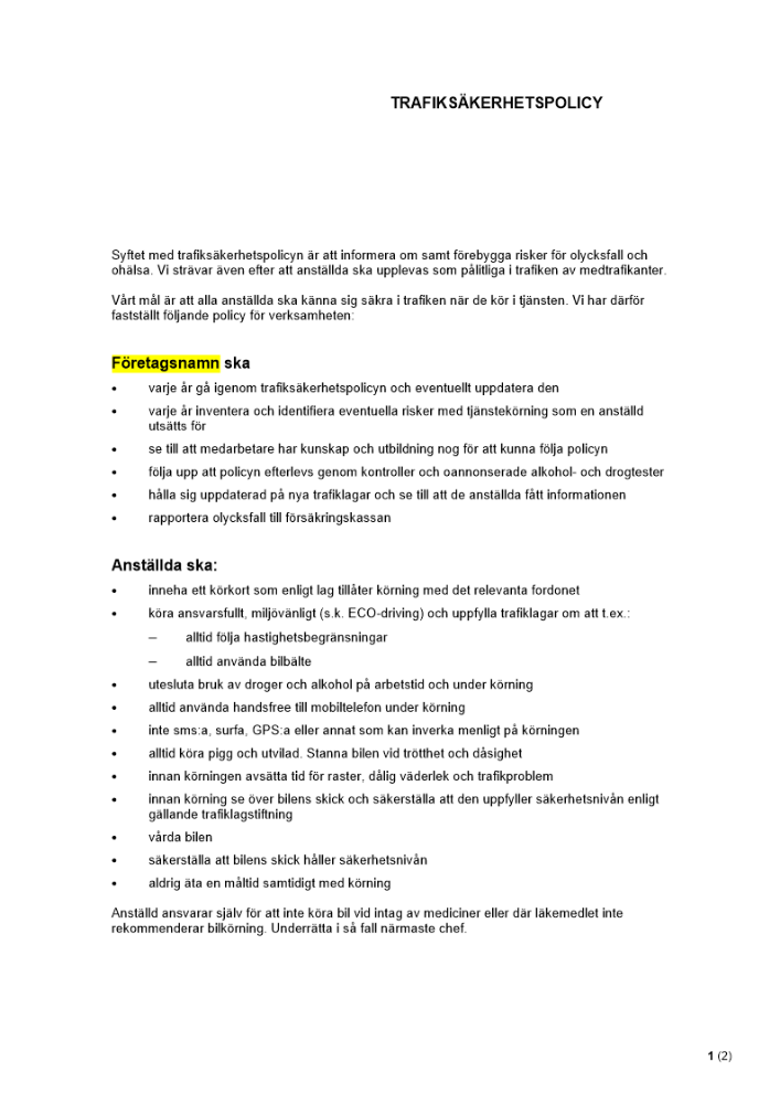 Trafiksäkerhetspolicy
