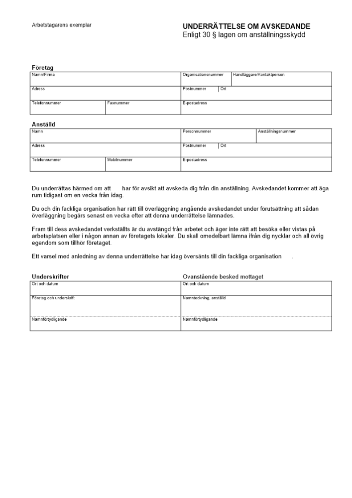 Underrättelse om avskedande