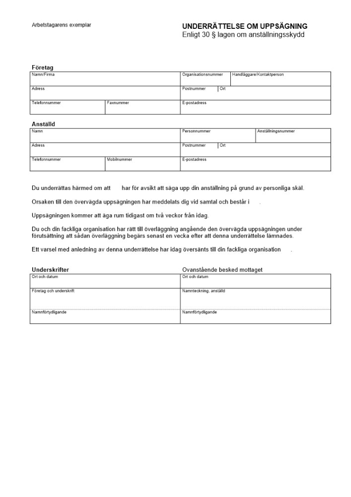 Underrättelse om uppsägning