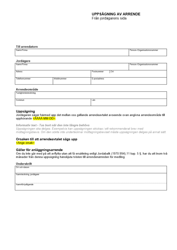 Uppsägning av arrende - Från jordägarens sida