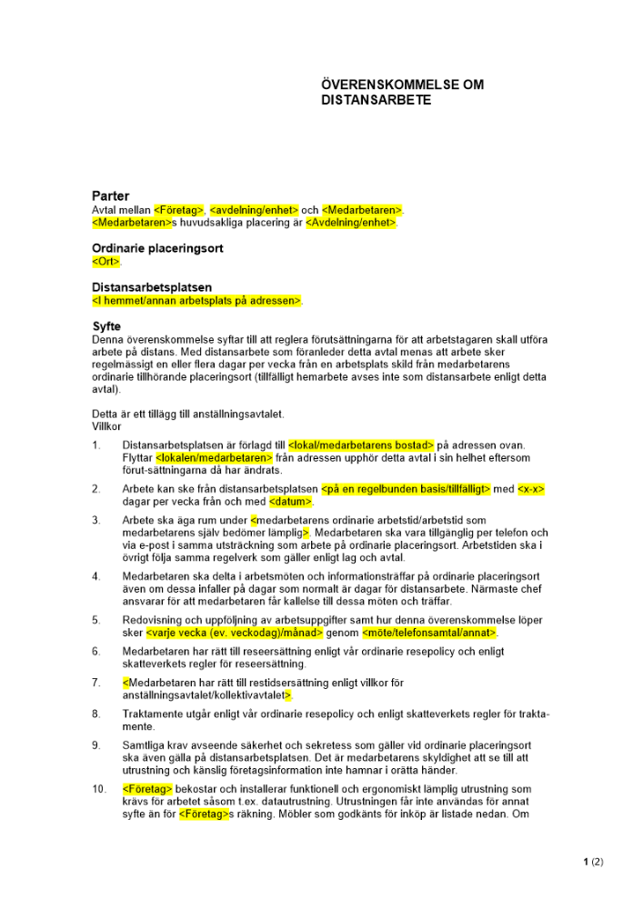 Överenskommelse om distansarbete