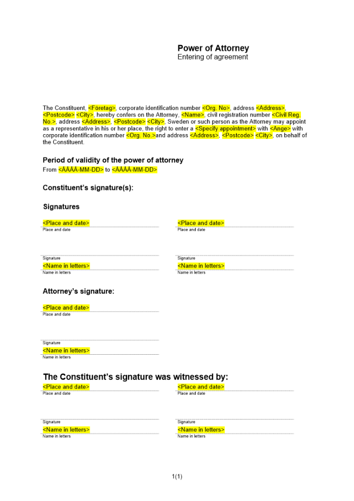 Fullmakt att ingå avtal Engelsk