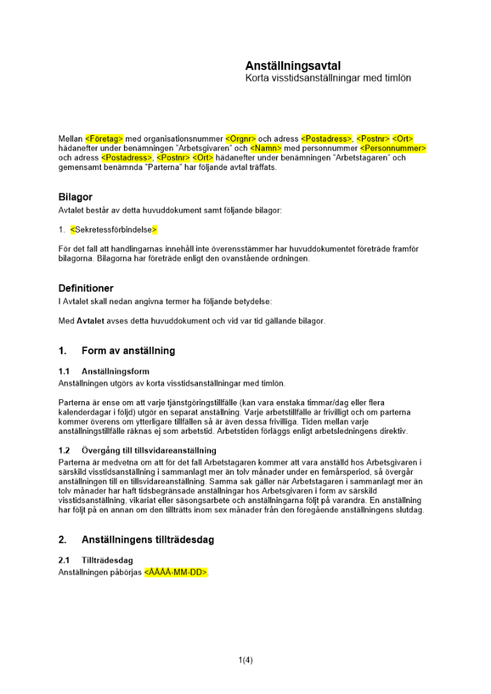 Anställningsavtal korta visstidsanställningar med timlön