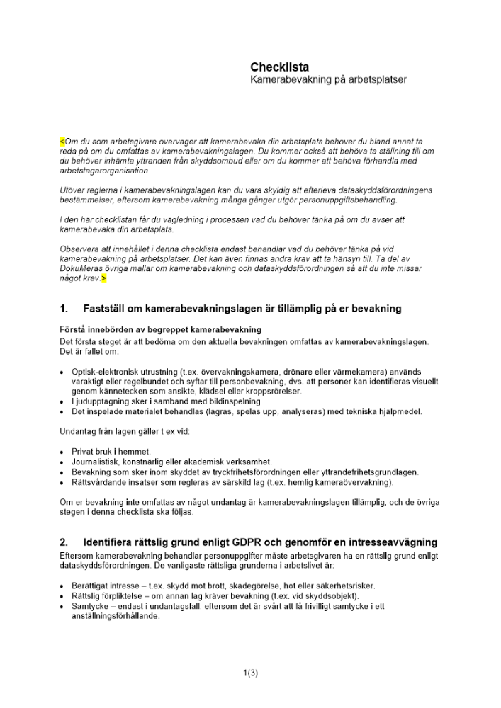 Checklista kamerabevakning på arbetsplatsen