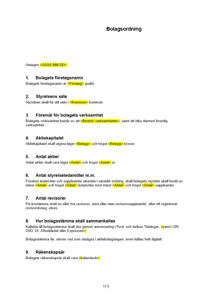 Bolagsordning - Publikt utan inskränkningar