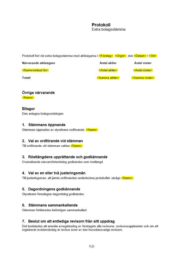 Protokoll extra bolagsstämma ny bolagsordning